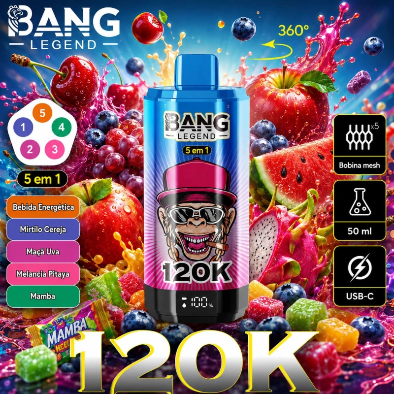 Vape descartável Bang Legend 120K 5 em 1 sabor Mistura de Maçã com maçã gelada, maçã e uva e mirtilo com uva