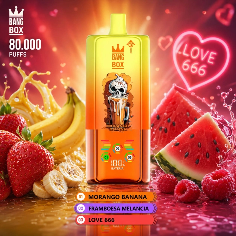 BANGBOX 80.000 puffs vape descartável 3-em-1 recarregável sabor morango com banana, framboesa com melancia e amora 666