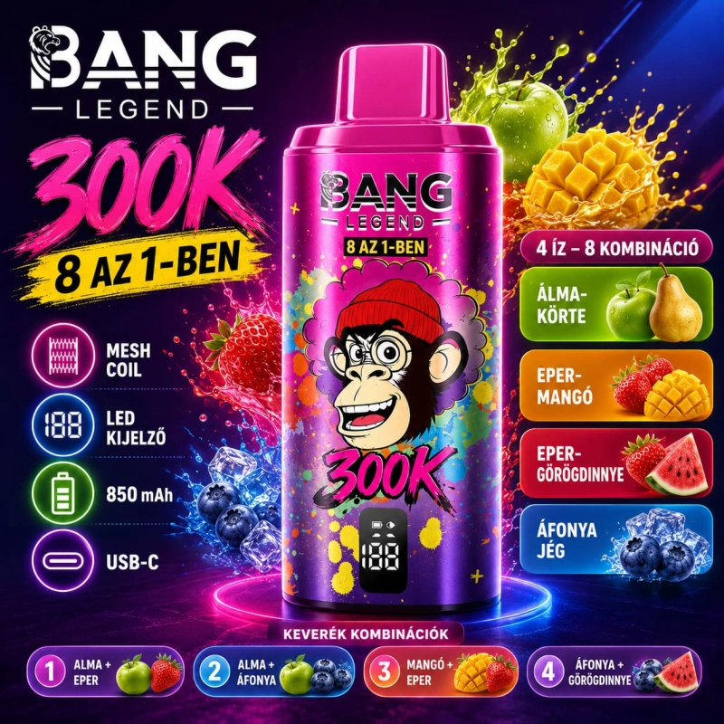 Bang Legend 8in1 300K eldobható vape 8 íz kombinációval Type-C újratölthető mesh coil LED kijelzővel Magyarország