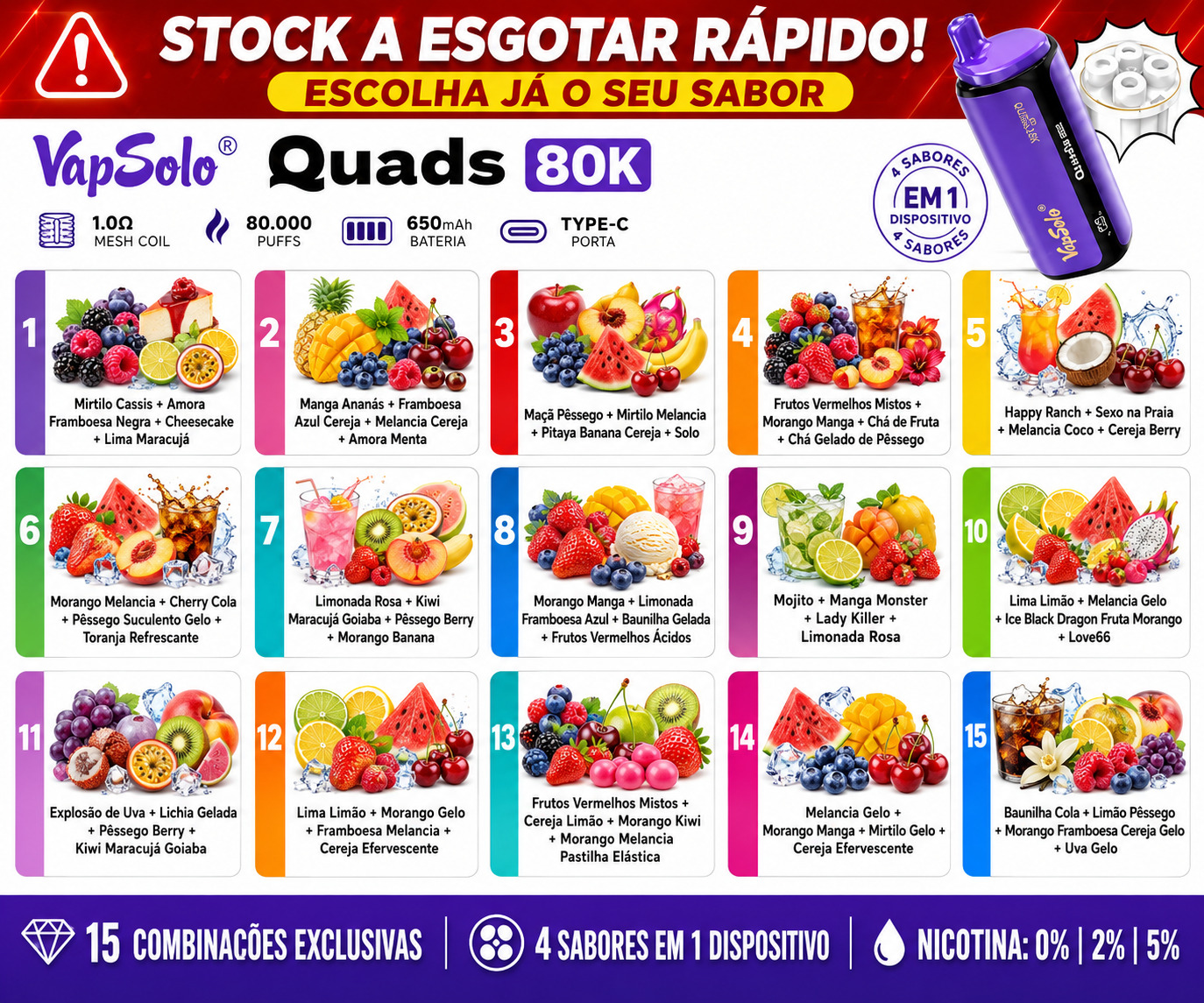 VapSolo Quads 80.000 Puffs 4 em 1 com 15 combinações de sabores vape populares em Portugal