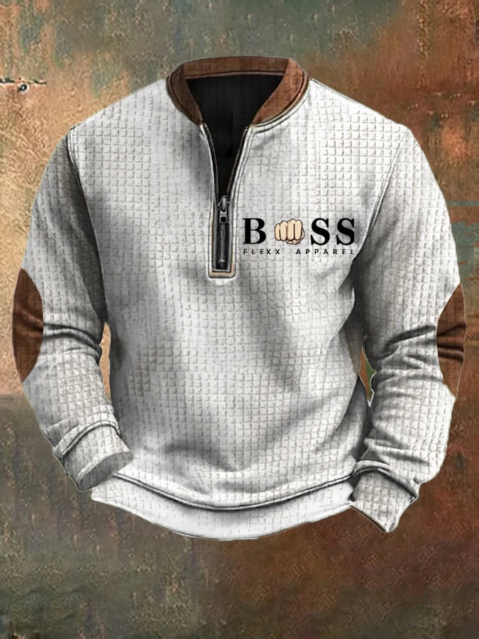 Sweatshirt retro para homem com design de letras estampado com gola com fecho e jacquard quadrado