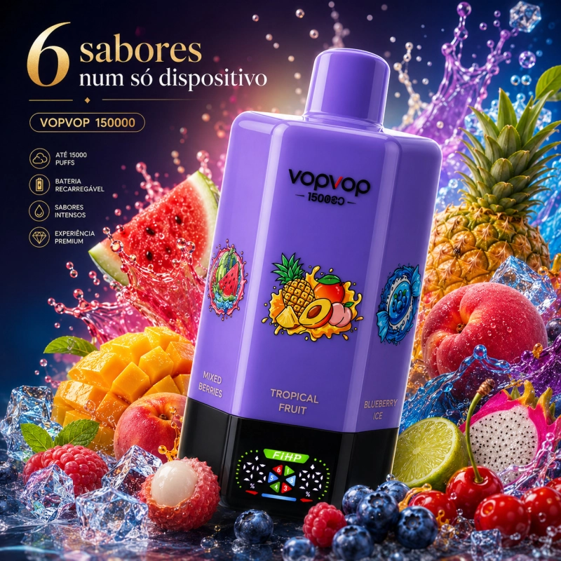 VOPVOP 150 000 Puffs vape descartável recarregável 6 em 1 com vários sabores e ecrã LED