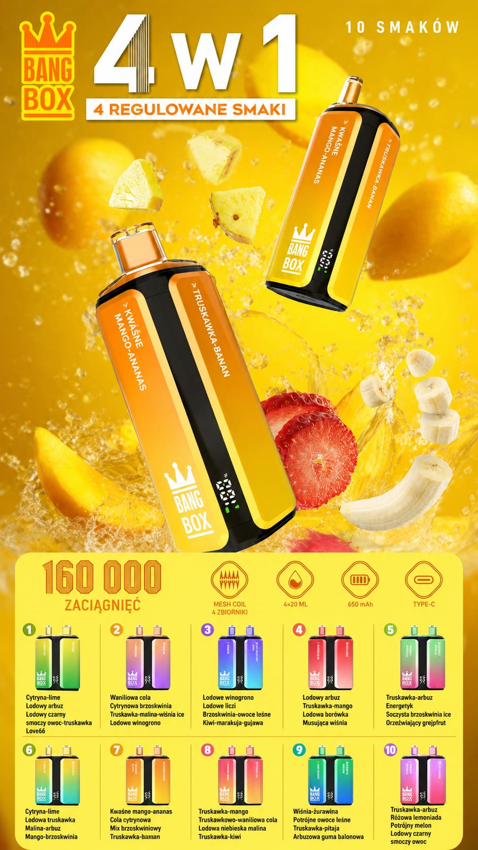 Bang Box 160K 4 w 1 – reklamowa grafika produktu z owocowymi smakami i długą żywotnością do 160 000 puffów