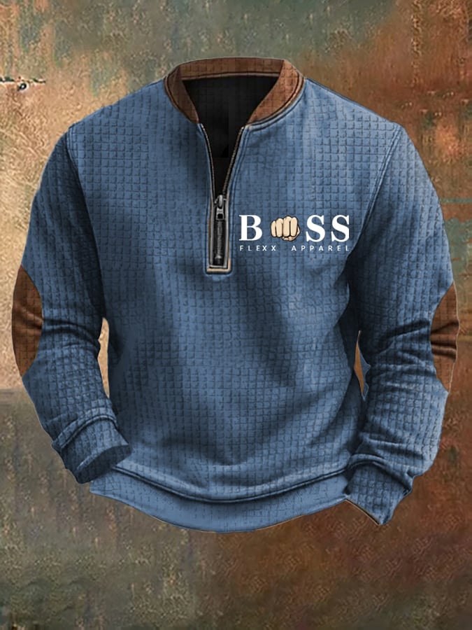 Sweatshirt retro para homem com design de letras estampado com gola com fecho e jacquard quadrado