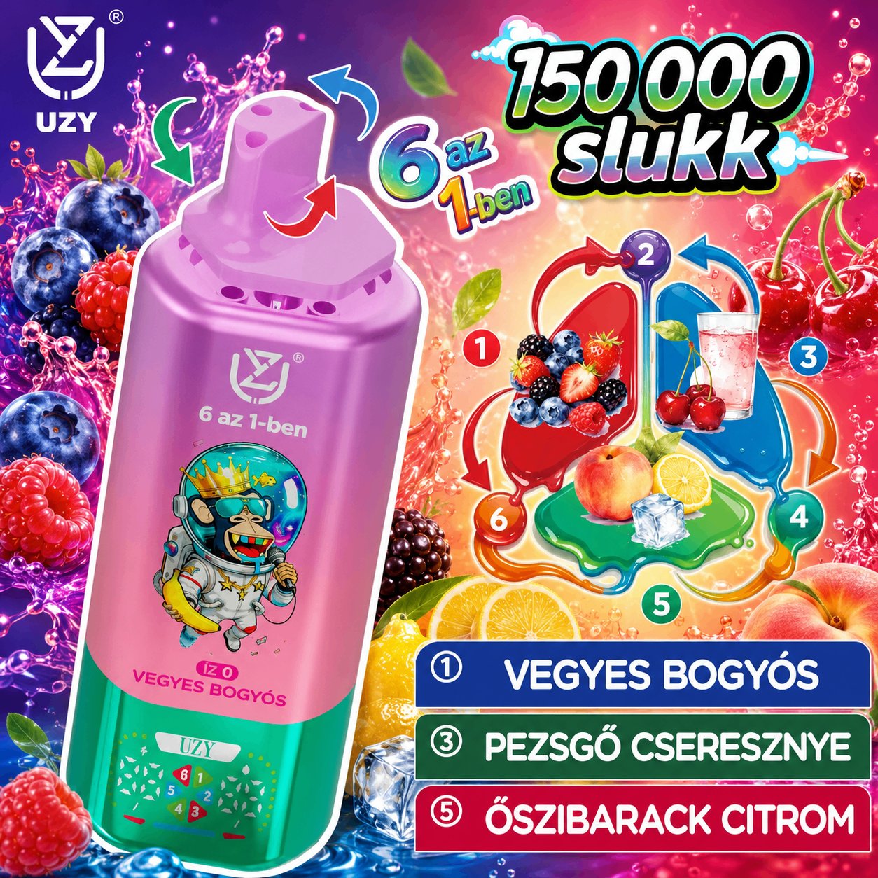 UZY 150K Kivi Maracuja Őszibarack Citrom sorozat ízek