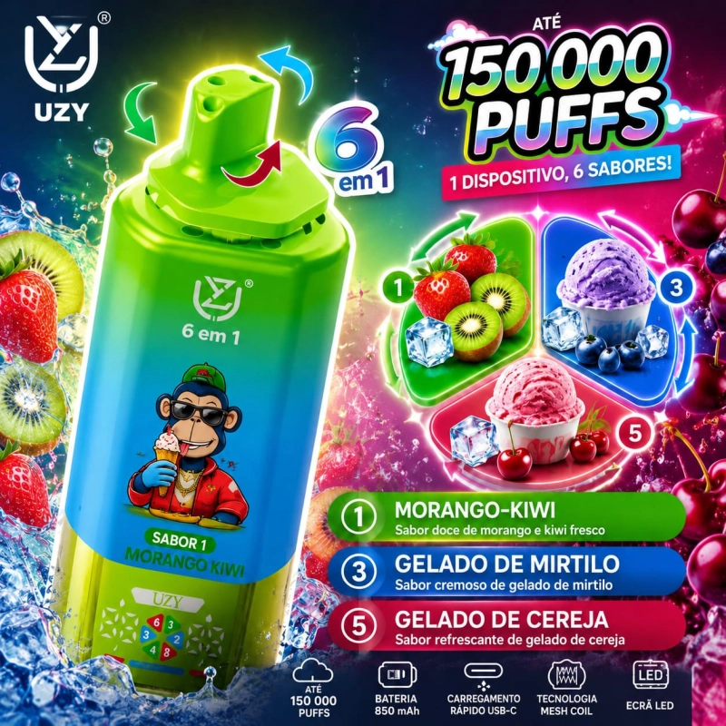 Vape descartável multi-sabores sabor Morango e Kiwi Gelados com morango e kiwi, gelado de mirtilo e gelado de cereja