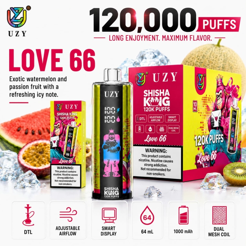 UZY Shisha Hookah King 120K Love 66 Flavor Vape with Exotic Fruit Flavor Combination