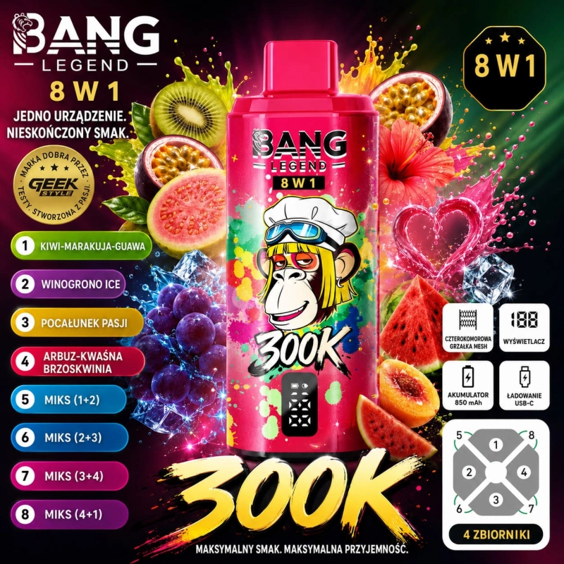 Bang Legend 300K 8w1 jednorazowy vape – Kiwi-Marakuja-Guawa, Winogrono Ice, Passion Kiss, Arbuz i Kwaśna Brzoskwinia