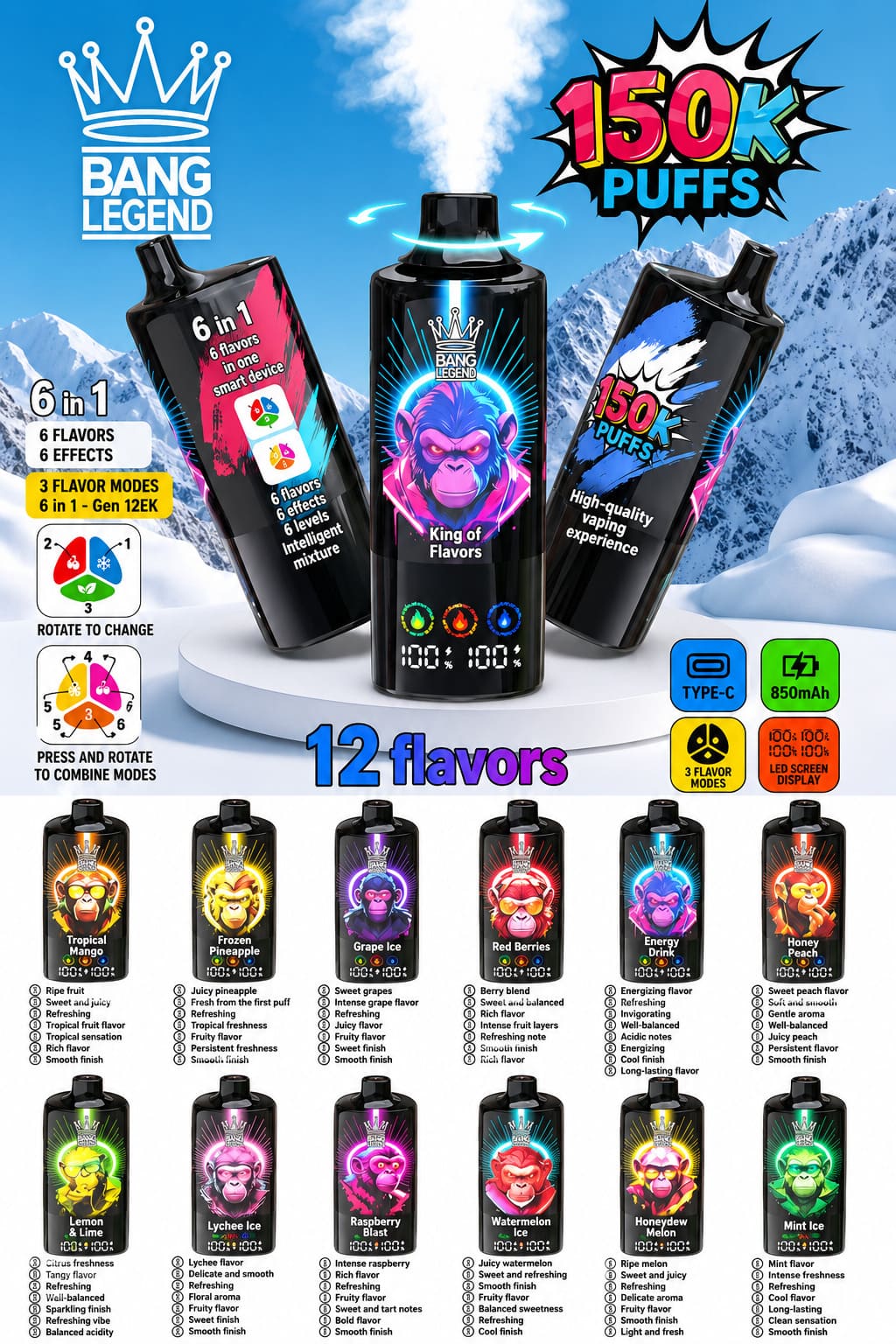 Bang Legend 150K vape device with 6 adjustable flavors, USB-C charging and rechargeable battery