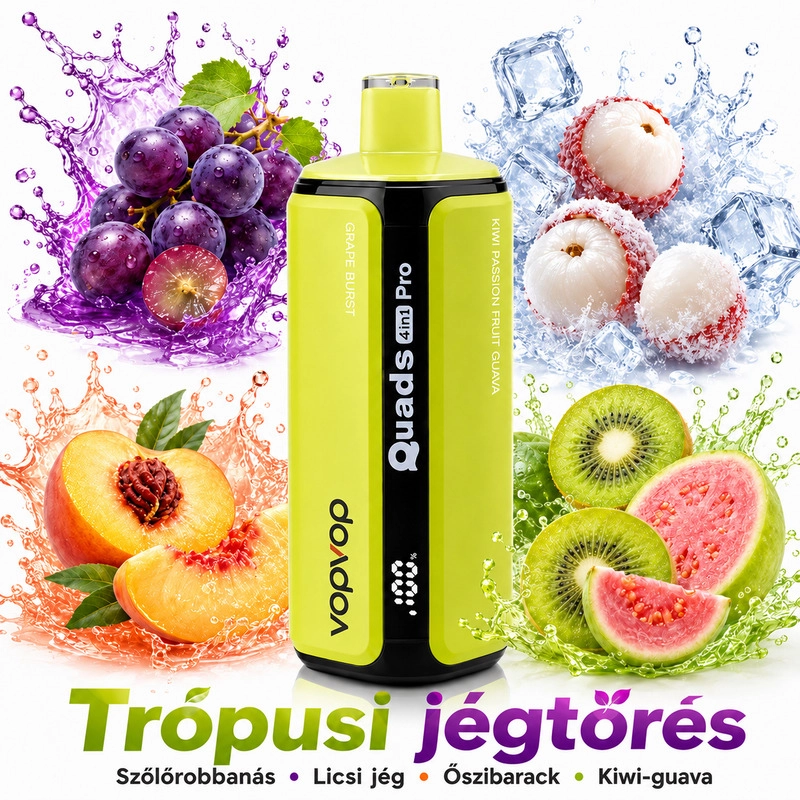 Trópusi jégtörés mix – szőlőrobbanás, licsi jég, őszibarack és kiwi-guava íz VopVop Quads Pro 4 íz rendszer