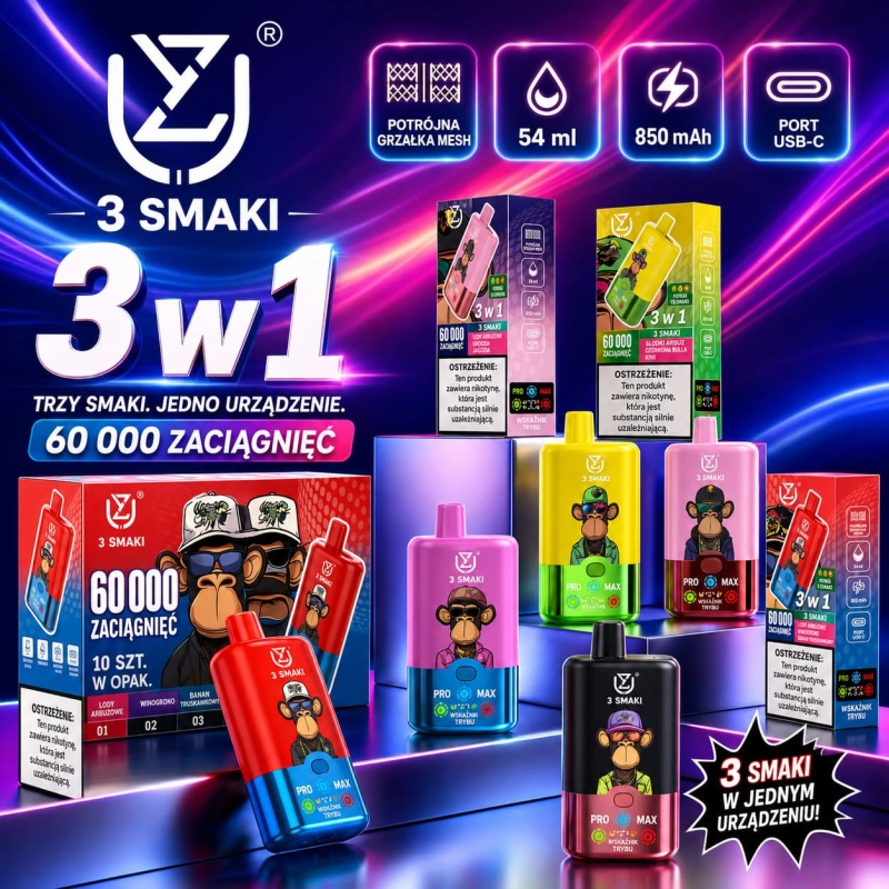 UZY Triple Flavor 60K – jednorazowy e-papieros 3 w 1 z inteligentnym wyświetlaczem LED