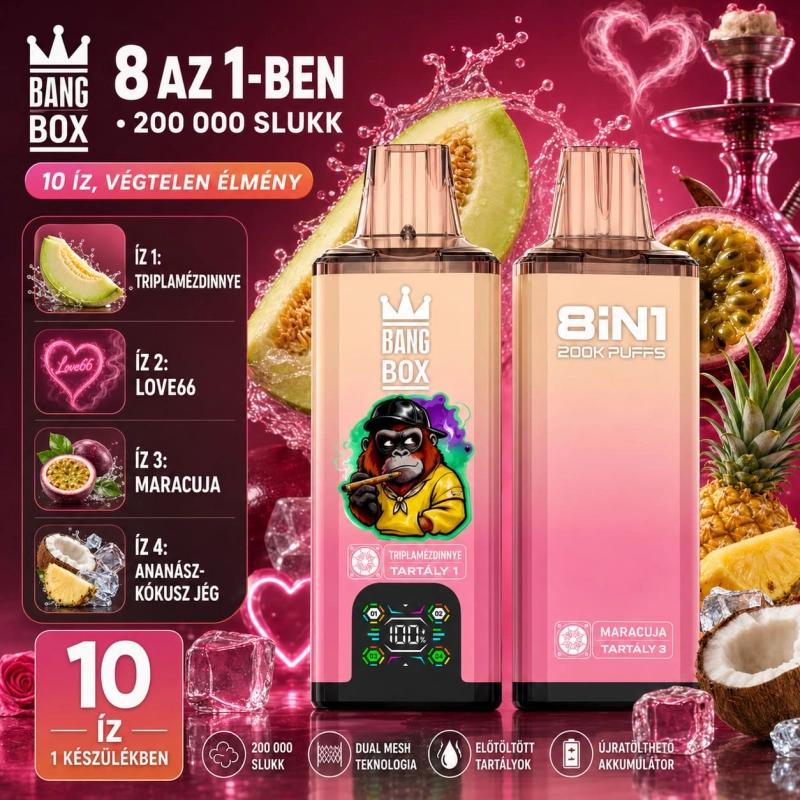 BangBox 200K vape – Nerds cukorka mix, háromszoros dinnye, maracuja és ananász–kókusz íz