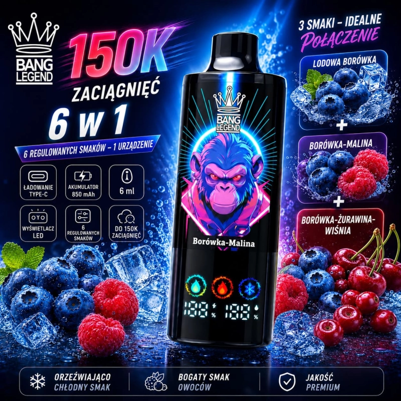 Bang Legend 150K 6 w 1 jednorazowy e-papieros – Borówka Lód, Borówka-Malina, Borówka-Żurawina-Wiśnia