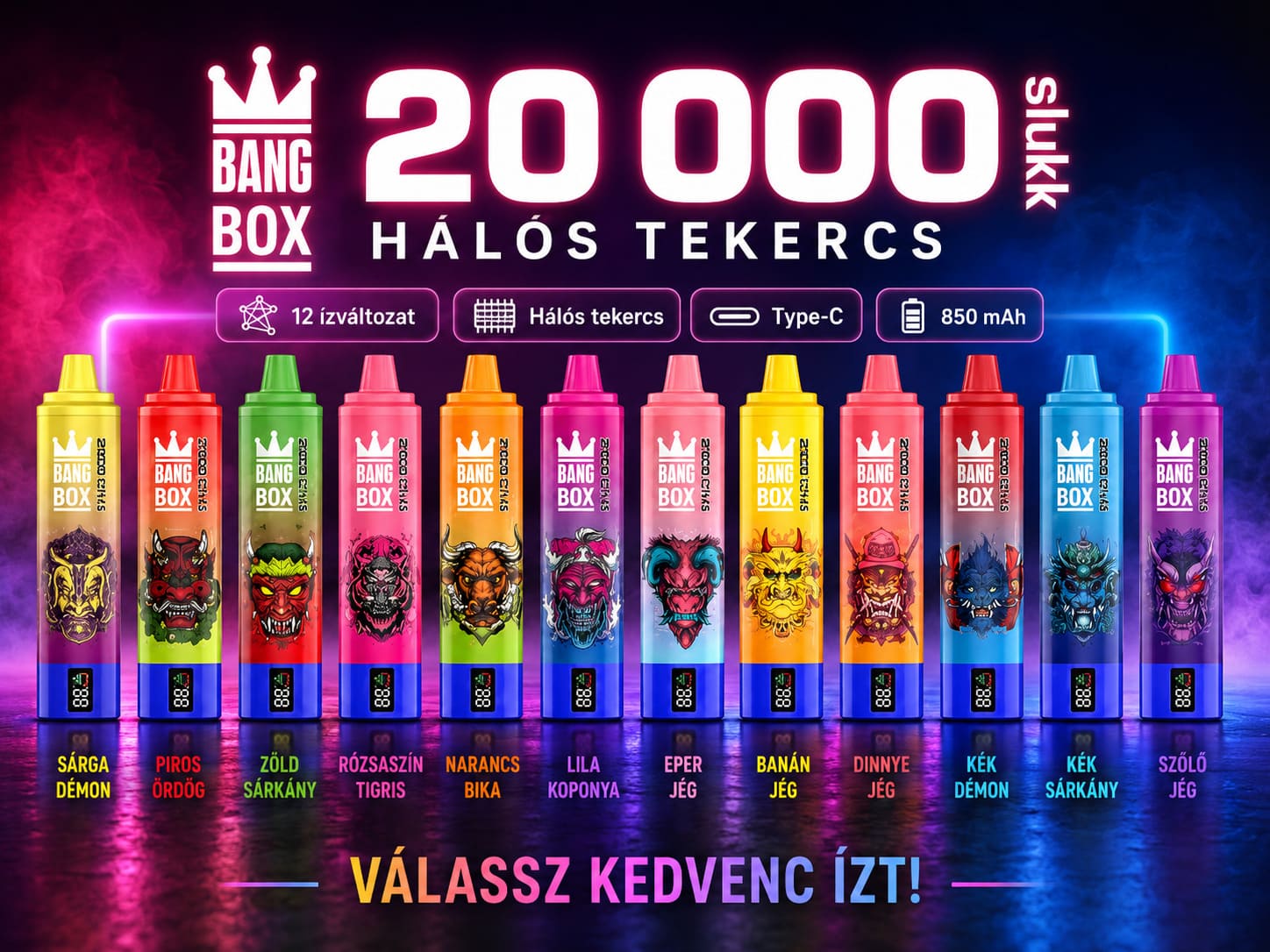 Bang Box 20 000 slukkos eldobható vape többféle ízben, újratölthető Type-C készülék