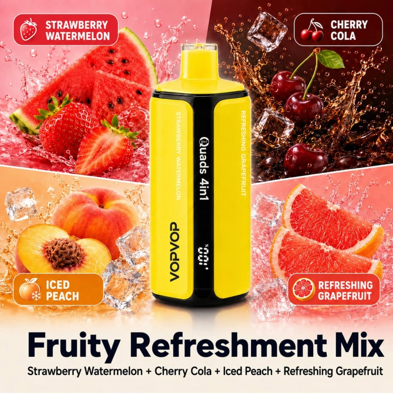 VOPVOP Quads 120K 4-in-1 Vape – Strawberry Watermelon, Cherry Cola, Juicy Peach Ice And Grapefruit Refresher