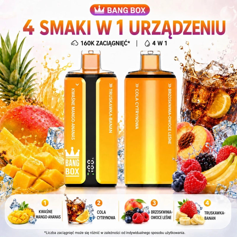 Bang Box 160K 4 w 1 – kwaśne mango z ananasem, cytrynowa cola, brzoskwinia z jagodami, truskawka z bananem