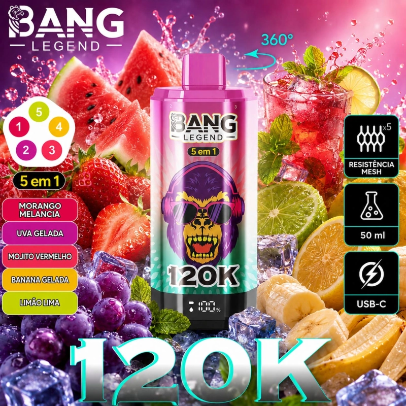 Vape Bang Legend 120K 5 em 1 sabor Pêssego com pêssego gelado, manga e pêssego e mirtilo com pêssego