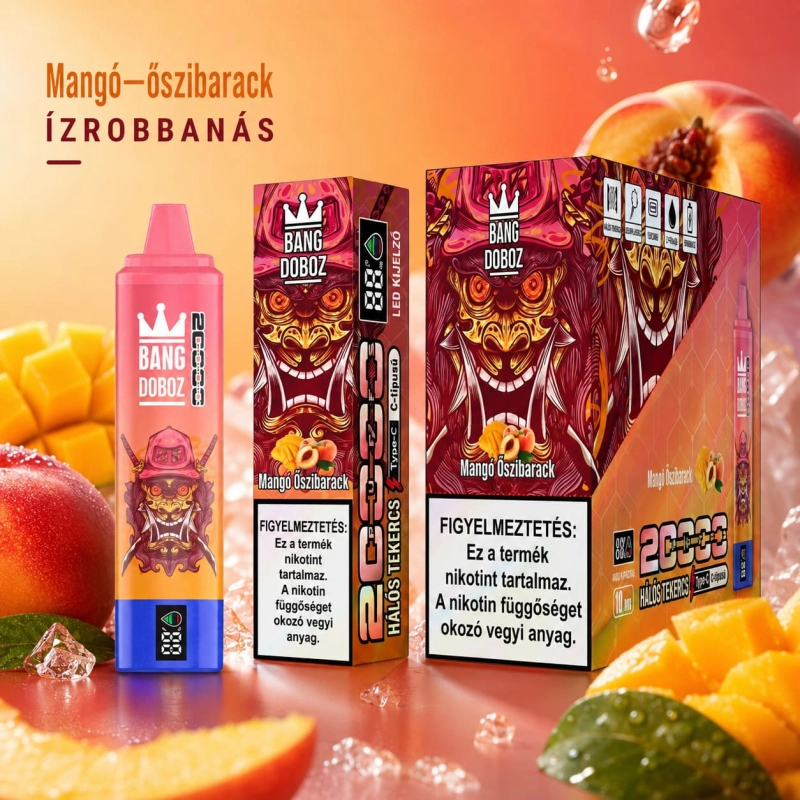 Bang Box 20 000 slukkos eldobható vape mangó őszibarack ízben, Type-C újratölthető készülék