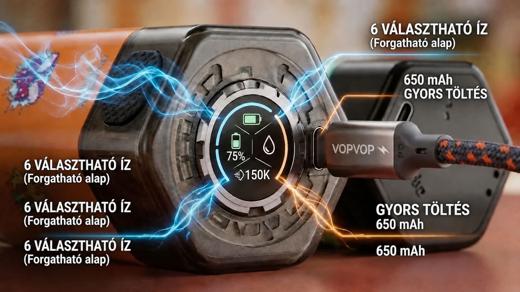 VOPVOP 150000 szippantás 6 az 1-ben eldobható vape 64 ml LED kijelző 650 mAh gyors szállítás Magyarország utánvét