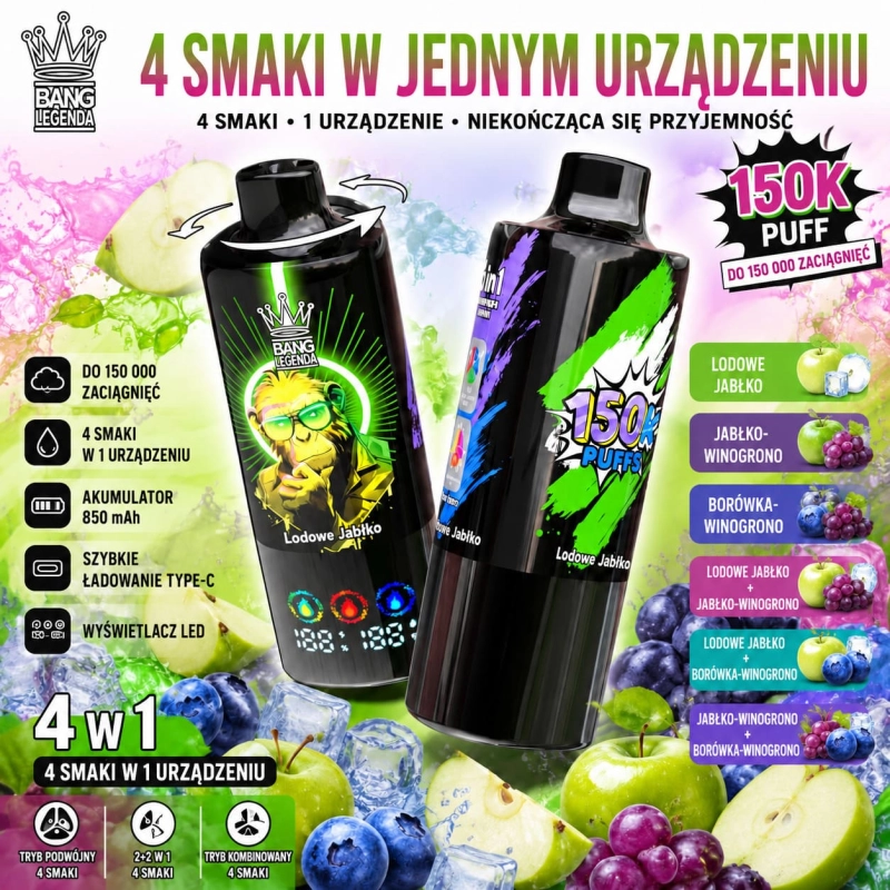 Bang Legend 150K 6 w 1 jednorazowy e-papieros – Jabłko Lód, Jabłko-Winogrono, Borówka-Winogrono