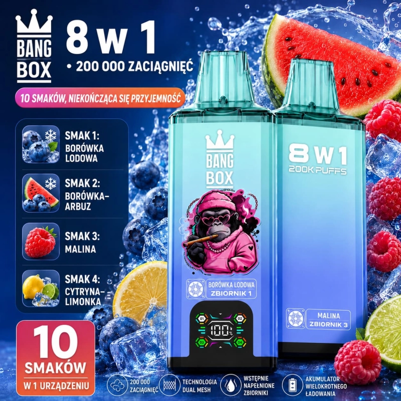 Bang Box 200K 8 w 1 – jagoda, arbuz, malina, cytryna i limonka – jednorazowy vape 200 000 zaciągnięć
