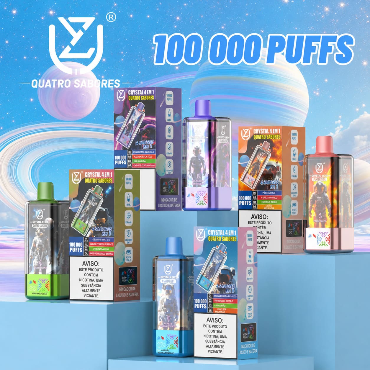UZY Crystal 100.000 Puffs 4-em-1 vape descartável com sabores gelado de pêssego e mirtilos, cerejas, bebida energética e melão-líchia