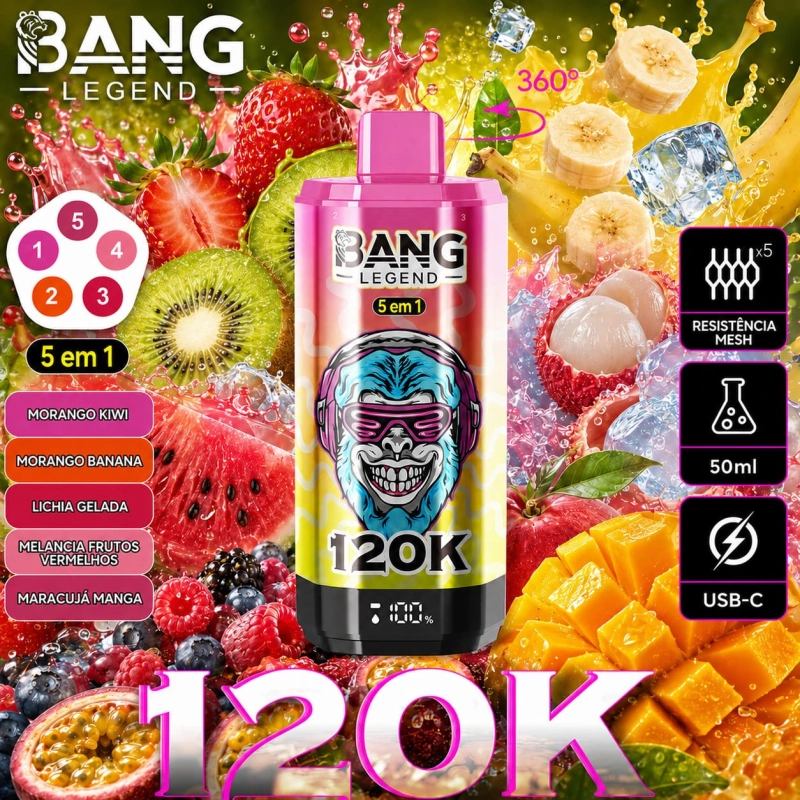 Vape Bang Legend 120K 5 em 1 sabor Morango com morango gelado, morango e kiwi e morango com lichia