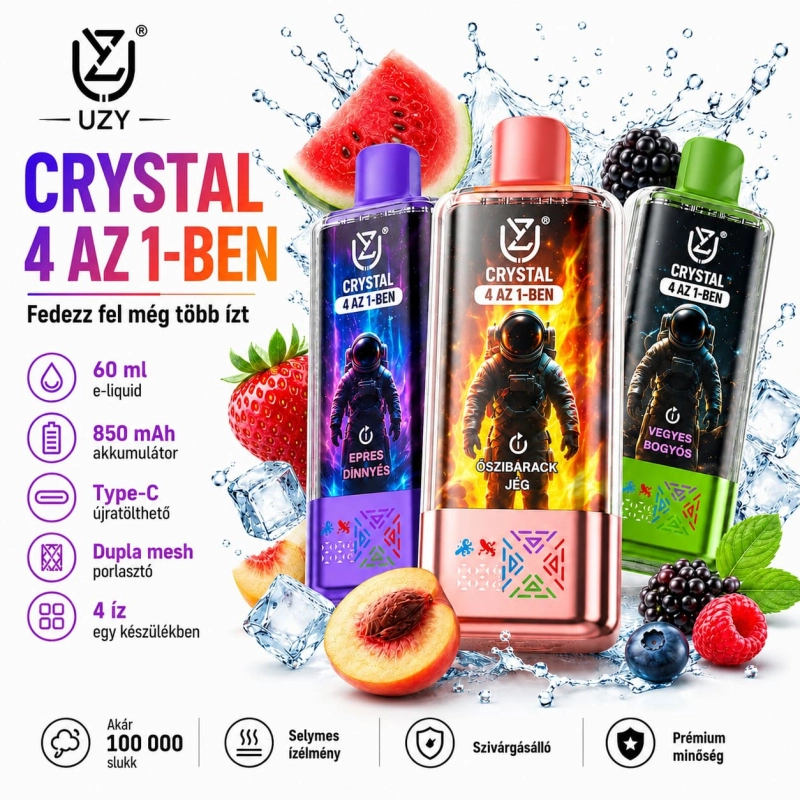 UZY 100K 4 az 1-ben eldobható vape – 56 ml, 650 mAh akkumulátor, Type-C töltés, LED kijelző és 10 ízkészlet