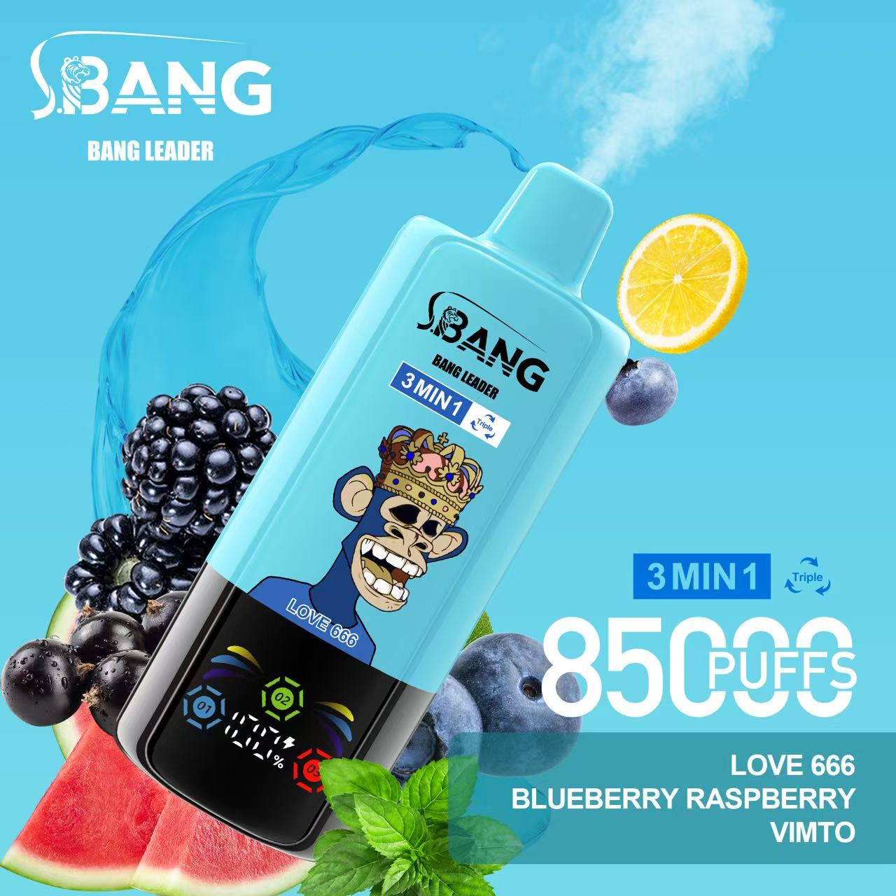 Bang Leader Triple 85000 85k Puffs Jednorázové vaporizační 3 v 1 příchutě 0% 2% 3% 5% nikotinu 15 příchutí LED obrazovka | Vape Factory Direct