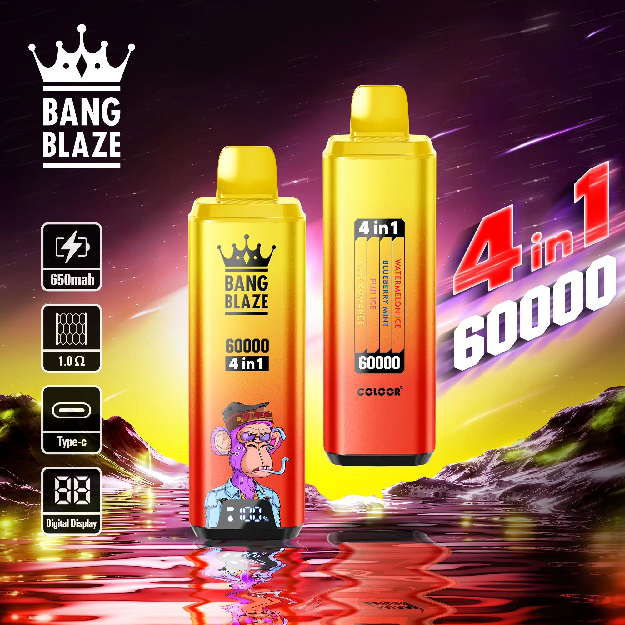 Bang Blaze 60000 60k Puffs 4 In 1 Flavors Newest Original Rechargeable Lcd Display Disposable Vape