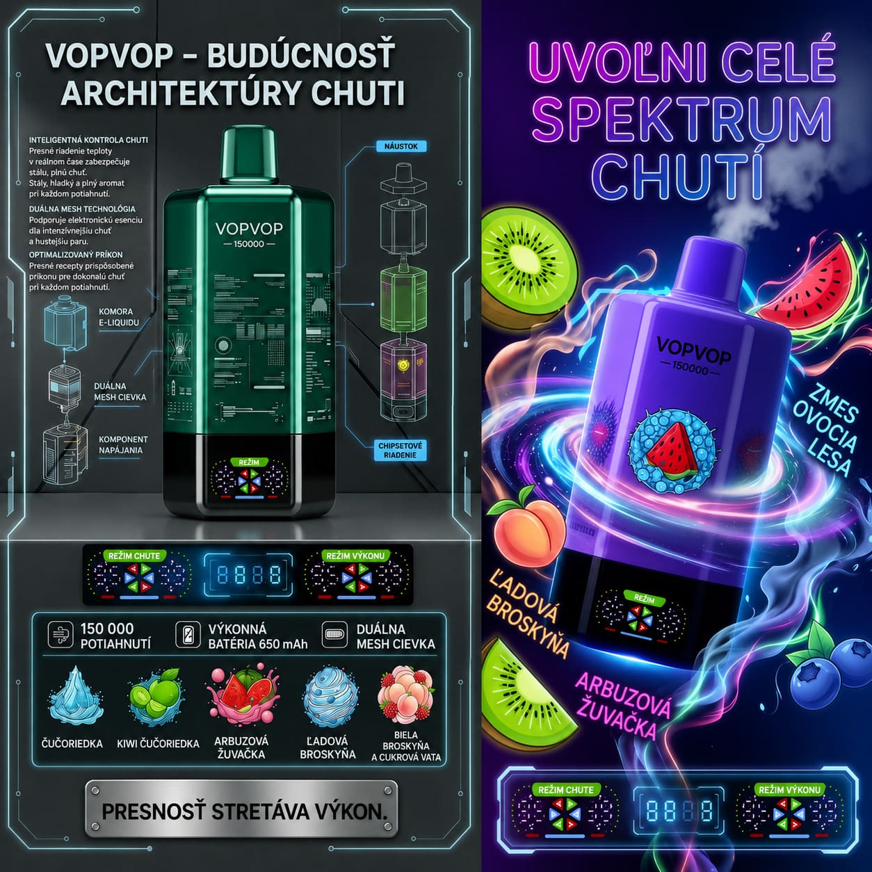 VOPVOP 150 000 – detailný prehľad technických parametrov, 6 príchutí na výber, otočná základňa a rýchle USB-C nabíjanie