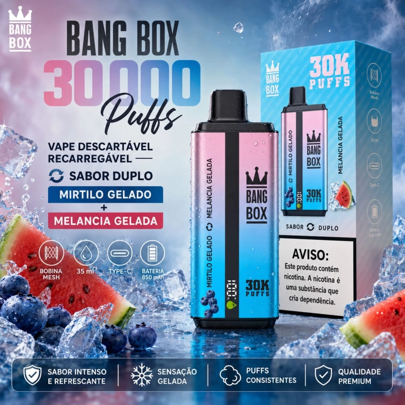 Bang Box 30000 Puffs vape descartável recarregável com dois sabores chiclete de melancia e morango melancia
