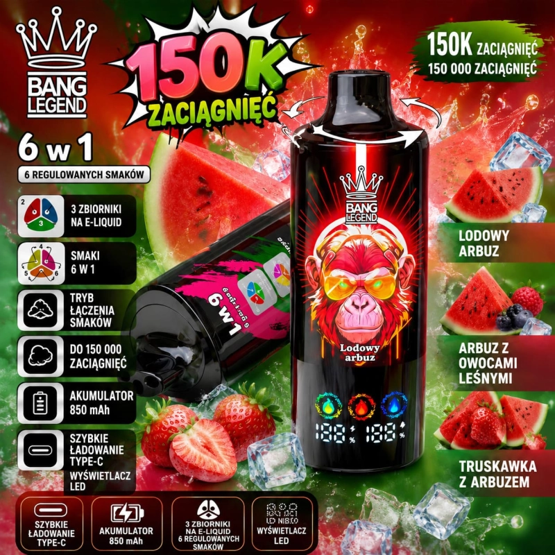 Bang Legend 150K 6 w 1 jednorazowy e-papieros – Arbuz Lód, Arbuz Owoce Leśne, Truskawka-Arbuz