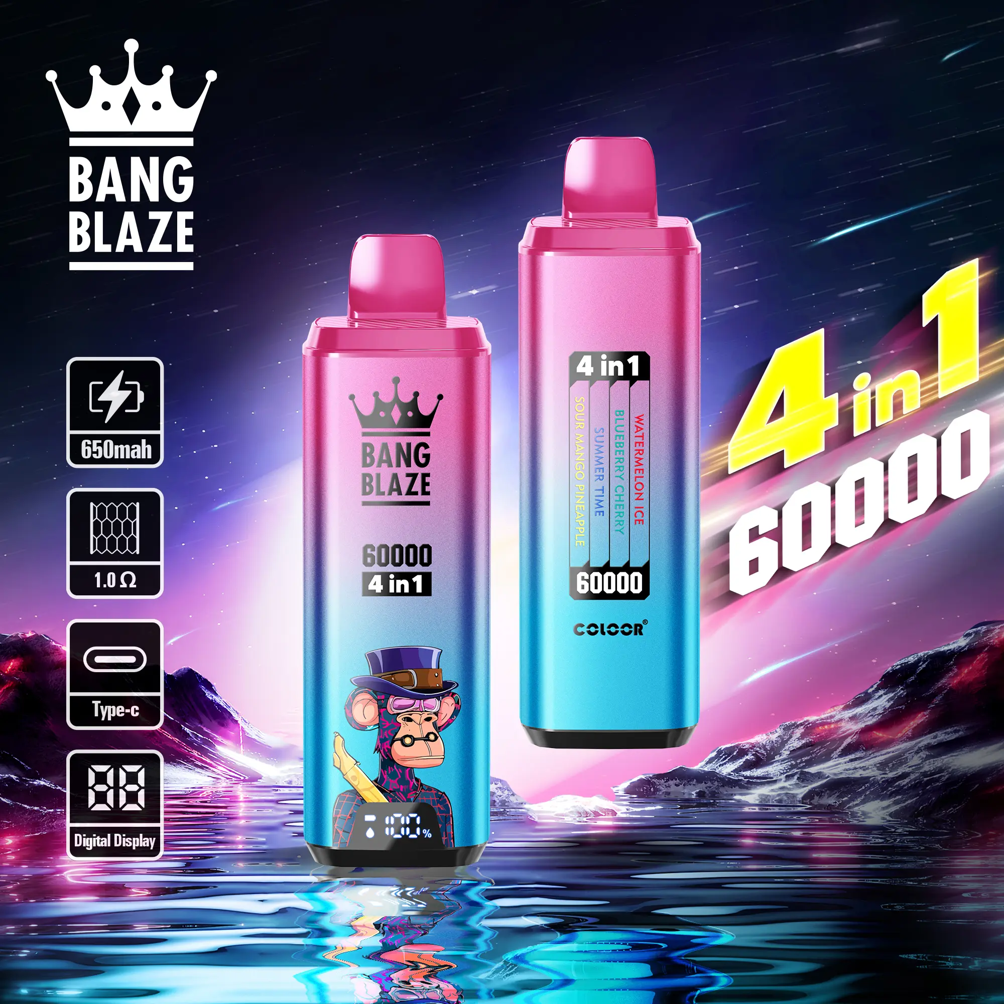 Bang Blaze 60000 60k Puffs 4 In 1 Flavors Newest Original Rechargeable Lcd Display Disposable Vape
