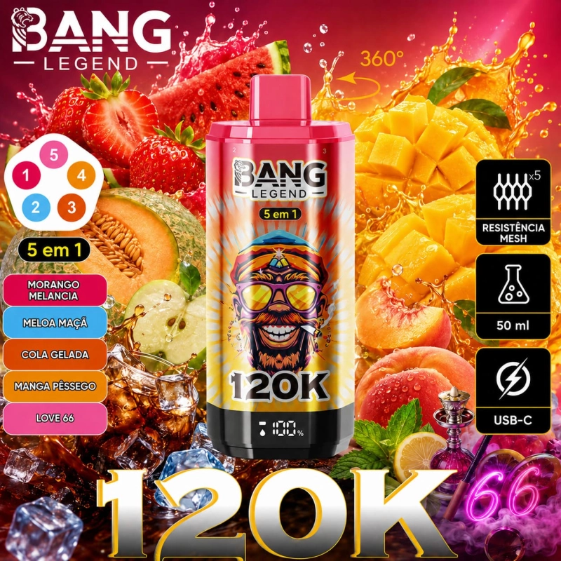 Vape Bang Legend 120K 5 em 1 sabor Ananás com ananás gelado, coco e ananás e kiwi gelado