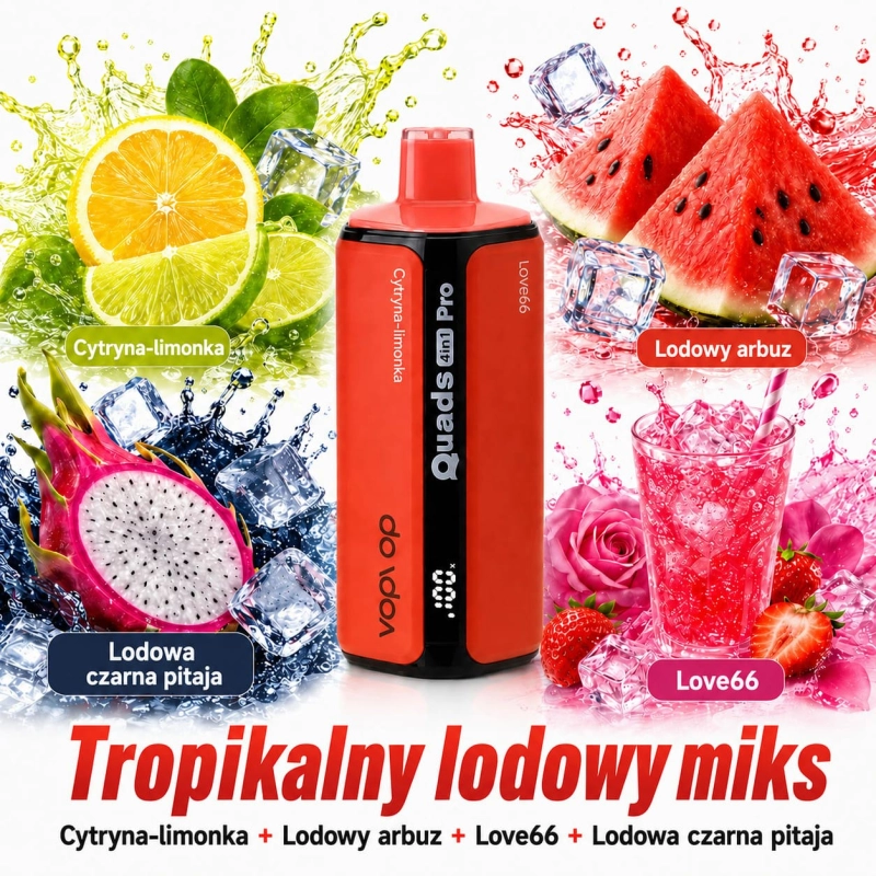 VopVop Quads Pro 200000 – K10 Tropikalna mieszanka lodowa, 4 smaki: cytryna-lime, lodowy arbuz, Love66 i czarny lód smoczy owoc