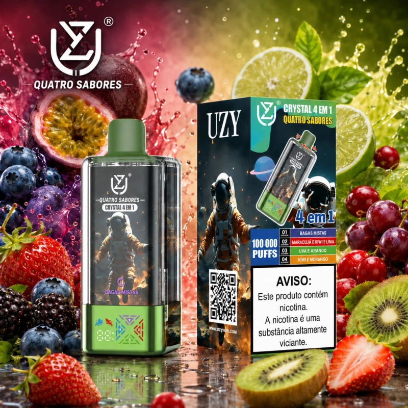 UZY Crystal 100.000 Puffs 4-em-1 vape descartável com sabores pêssego manga ananás e mirtilo, framboesa e limão, lima e melancia, pastilha elástica