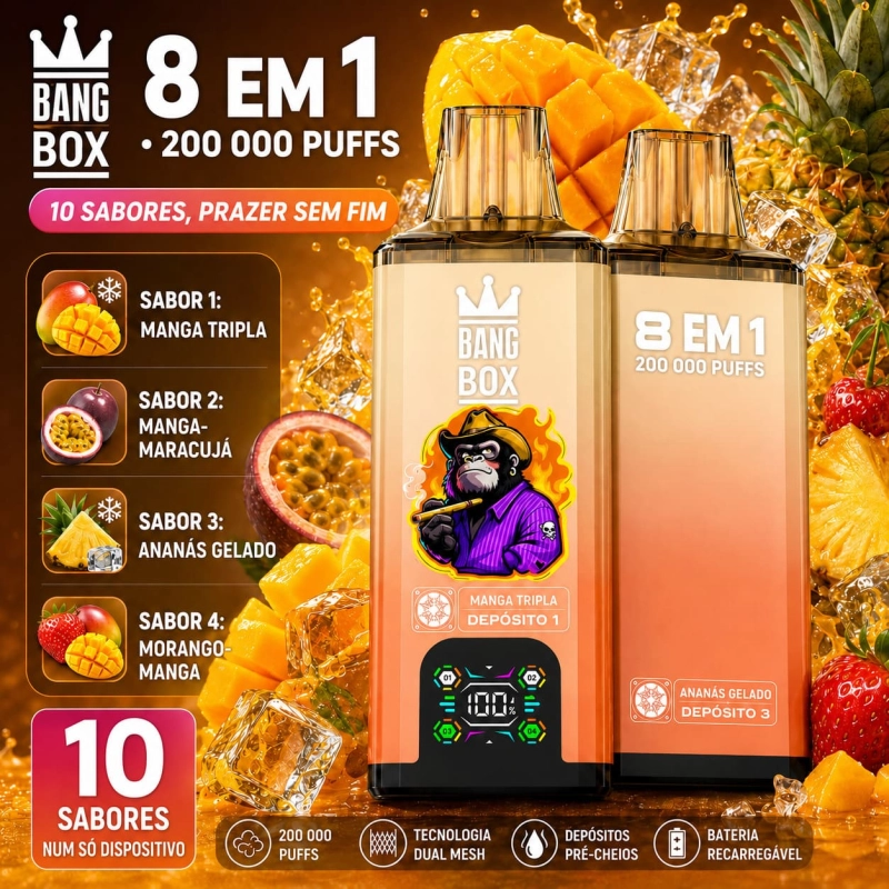 Bang Box vape descartável sabor manga tripla com maracujá e morango