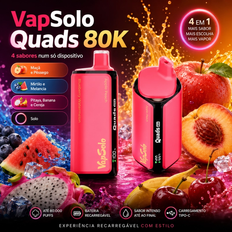 VapSolo Quads 80.000 Puffs vape sabor maçã pêssego, mirtilo melancia, pitaya banana cereja e mistura Solo