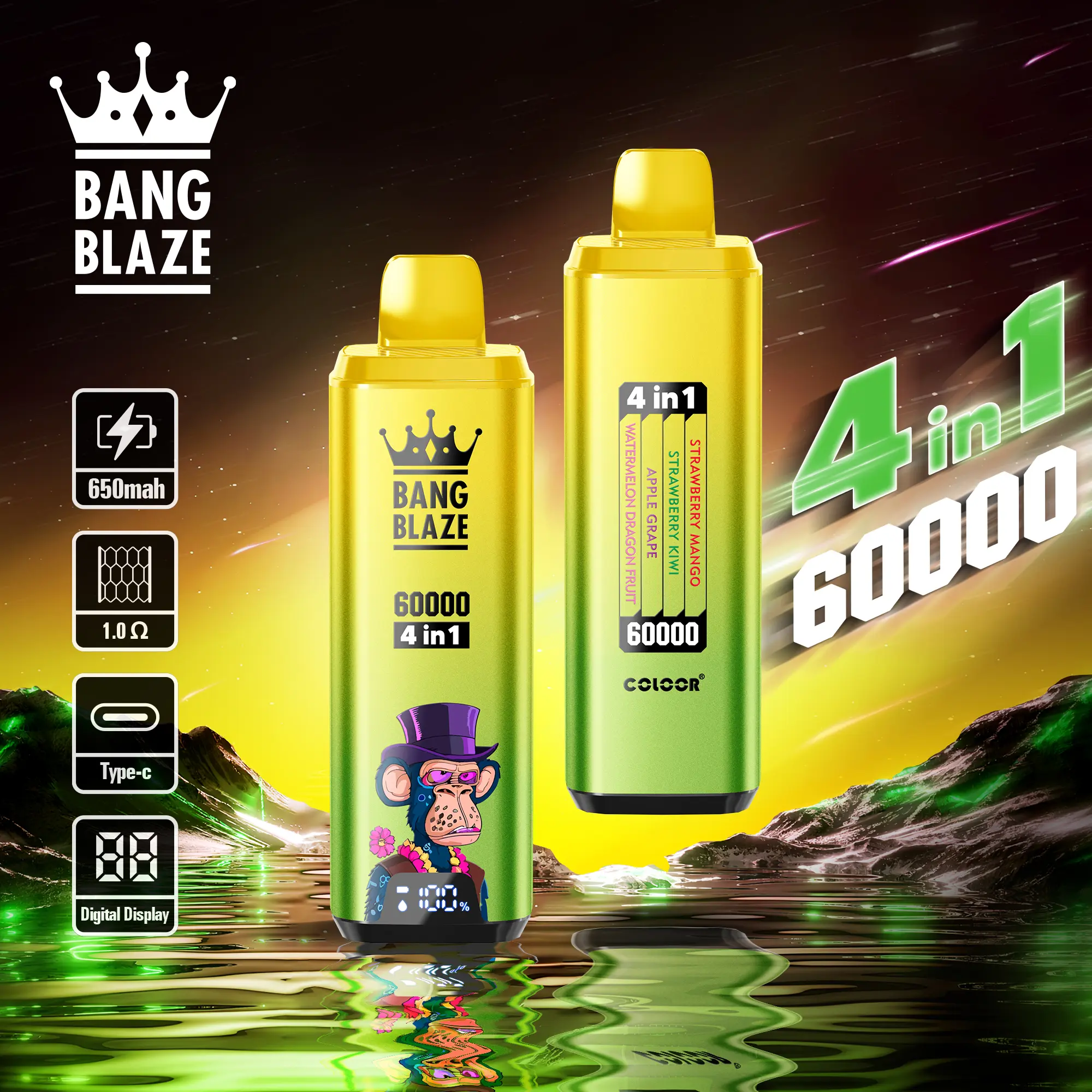 Bang Blaze 60000 60k Puffs 4 In 1 Flavors Newest Original Rechargeable Lcd Display Disposable Vape