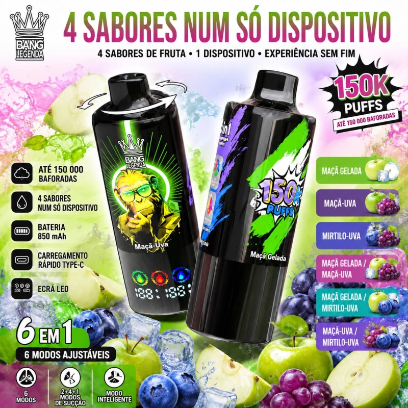 Vape descartável 150K sabores Mistura de Maçã gelada, maçã e uva com mirtilo, sabor frutado intenso e refrescante