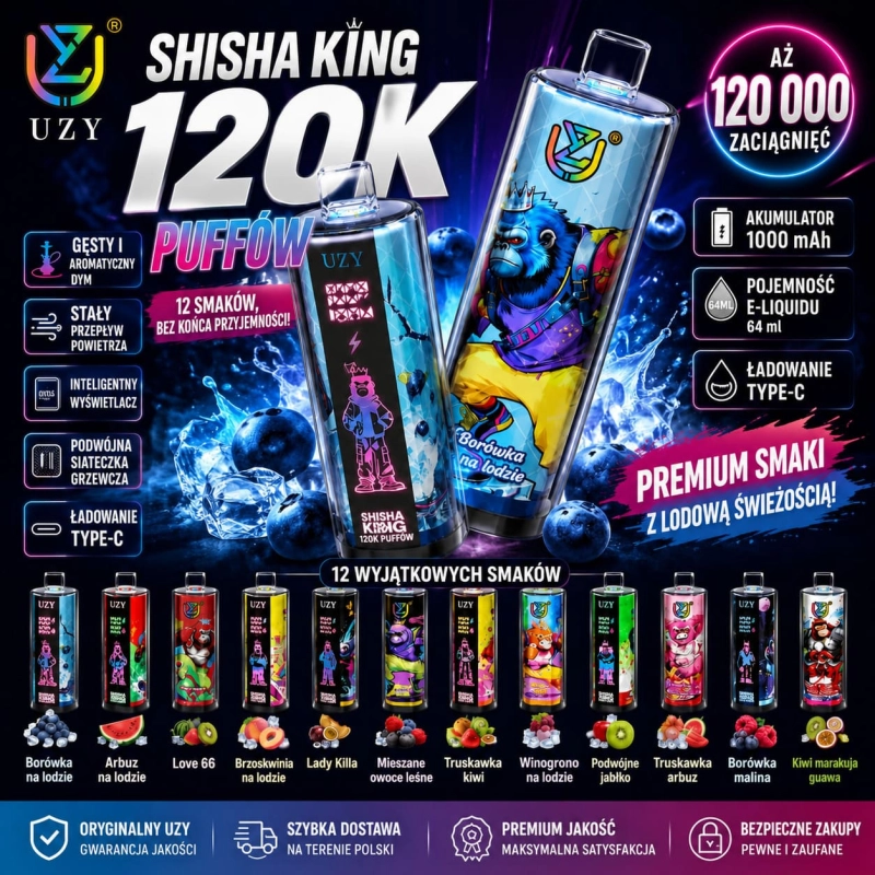UZY Shisha Hookah King 120 000 zaciągnięć DTL vape crystal USB-C smart LED device premium disposable vape Polska