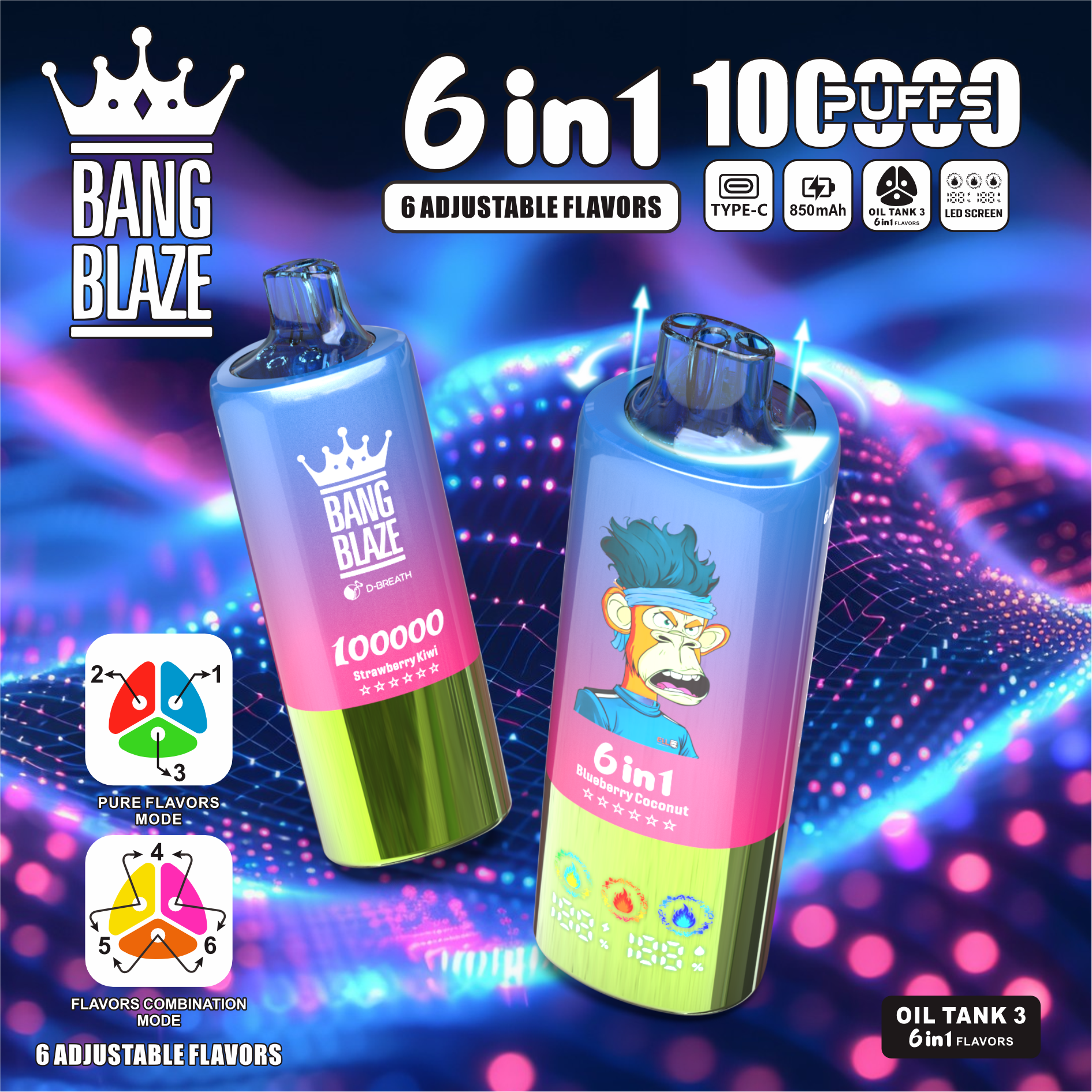 Bang Blaze® 100000 100k Puffs 6 az 1-ben Ízek Legújabb Eredeti Újratölthető Led Kijelzős Eldobható Vape