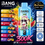 Bang Legend 300K 8-in-1 vape with Passion Fruit Mango, Peach Pineapple, Blueberry Raspberry and Watermelon Ice