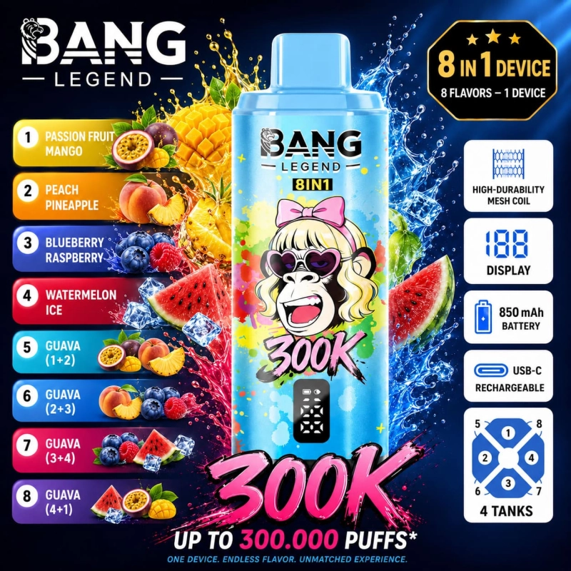 Bang Legend 300K 8-in-1 vape with Passion Fruit Mango, Peach Pineapple, Blueberry Raspberry and Watermelon Ice