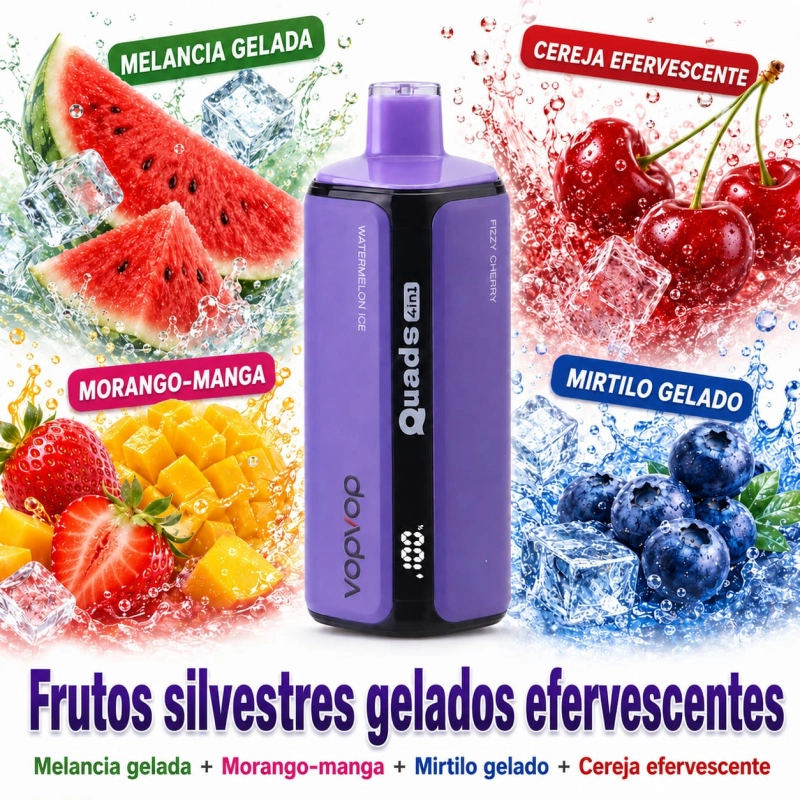 VopVop Quads 4 em 1 vape descartável 120000 puffs sabor Fusão de Frutos e Gelo com morango manga mirtilo e cereja gelada