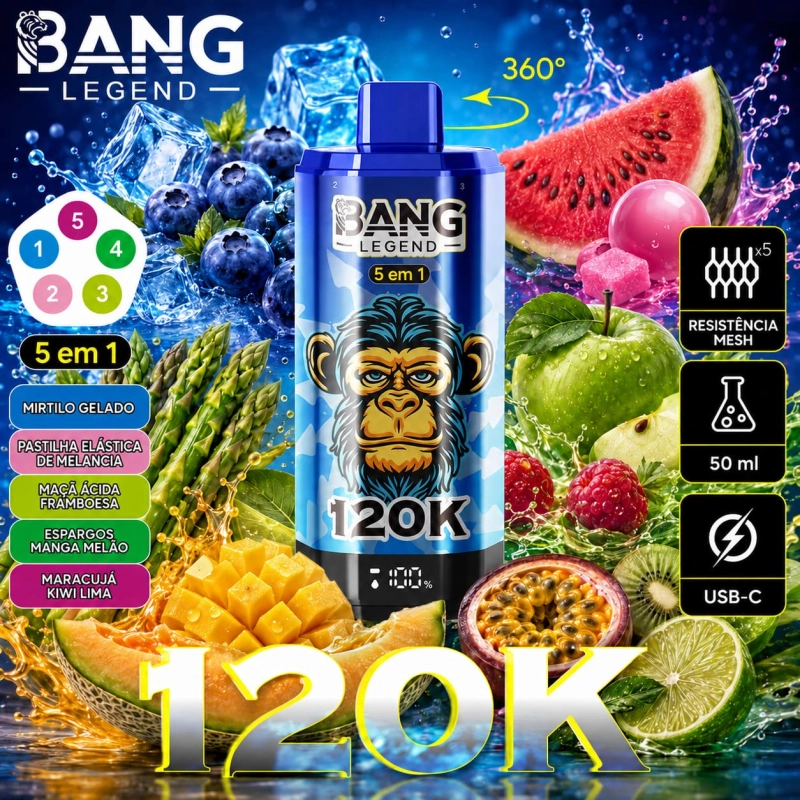 Vape Bang Legend 120K 5 em 1 sabor Bubble de Uva com smoothie de uva, goma de uva e framboesa com uva