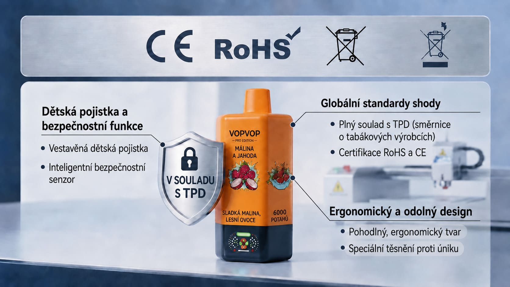 VOPVOP vape CE a RoHS certifikace – bezpečnostní standardy, dětská pojistka, TPD shoda a globální certifikace