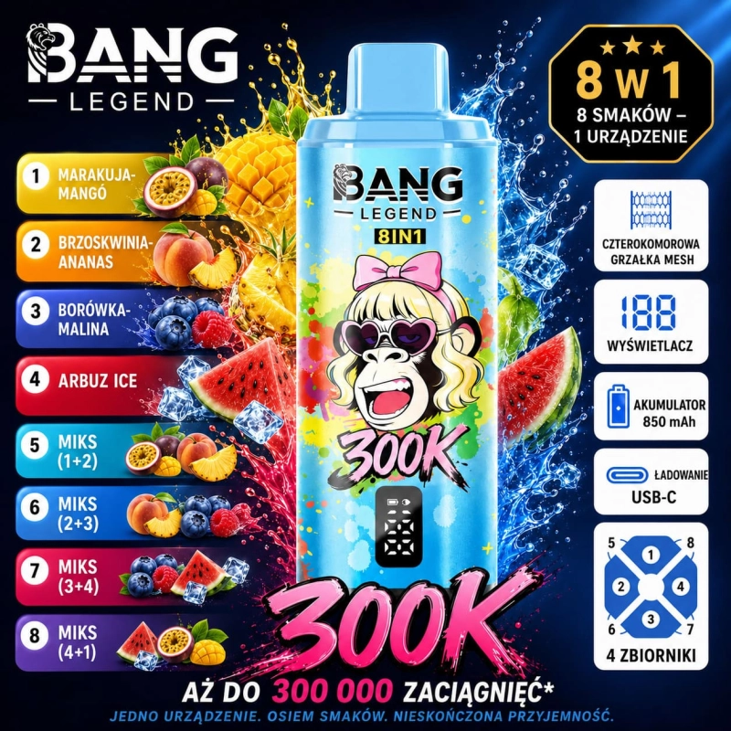Bang Legend 300K 8w1 jednorazowy vape – Arbuz-Kwaśna Brzoskwinia, Borówka Ice, Wiśnia Kalifornijska, Truskawka-Mango