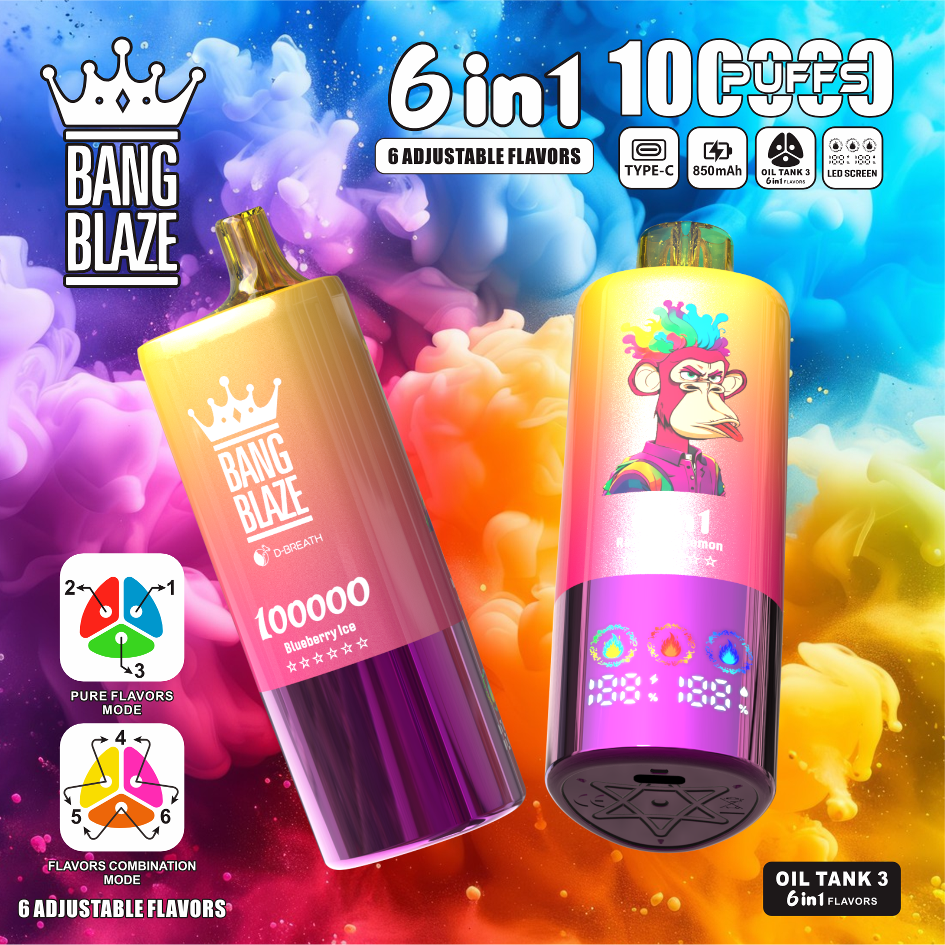 Bang Blaze® 100000 100k Puffs 6 az 1-ben Ízek Legújabb Eredeti Újratölthető Led Kijelzős Eldobható Vape